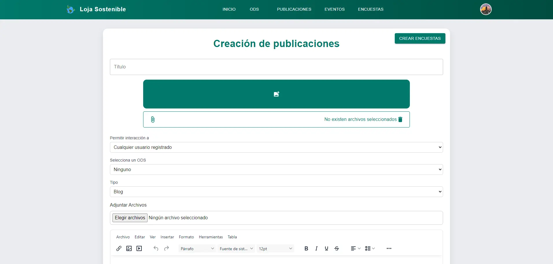 Loja Sostenible content creation interface with media upload