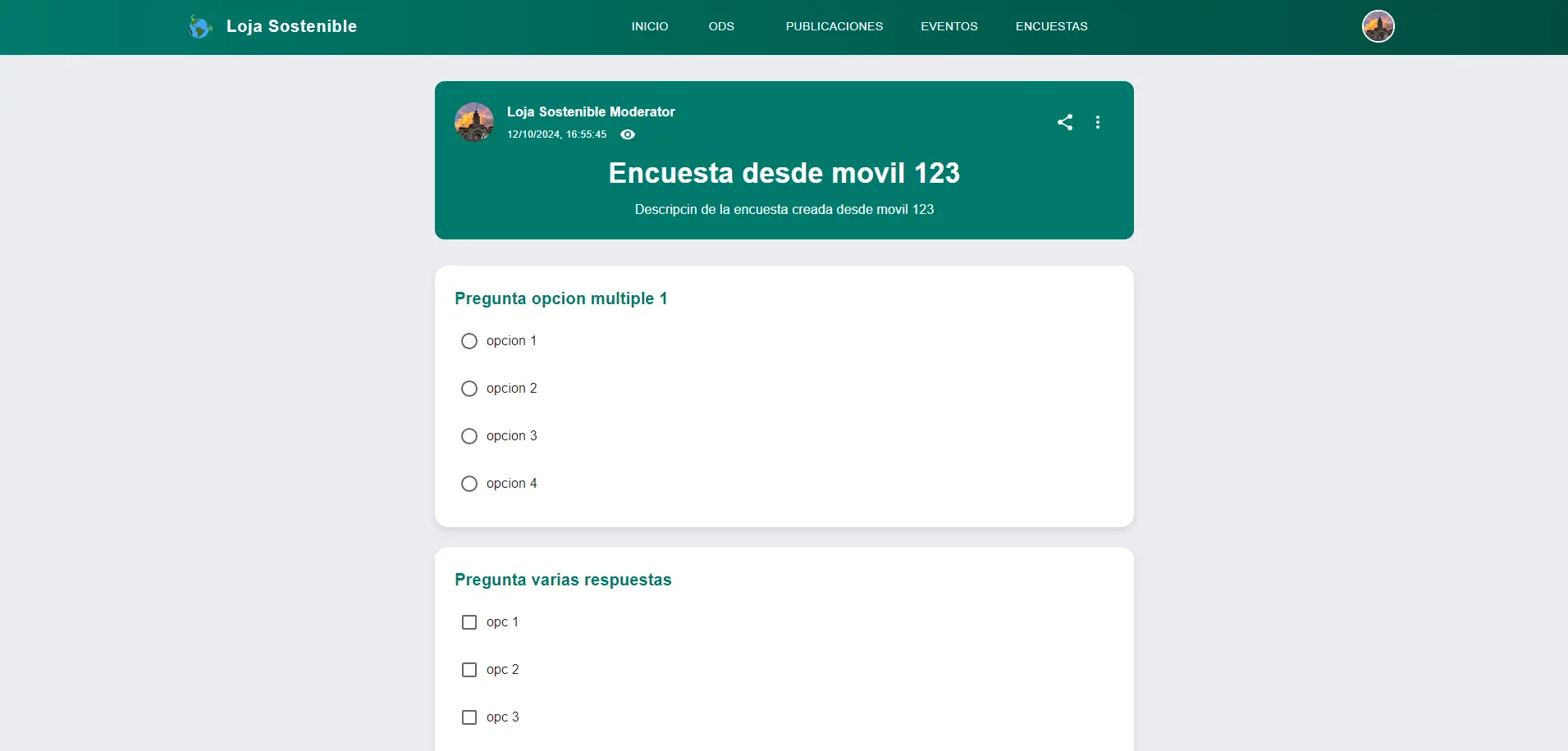 Loja Sostenible survey creation and participation module